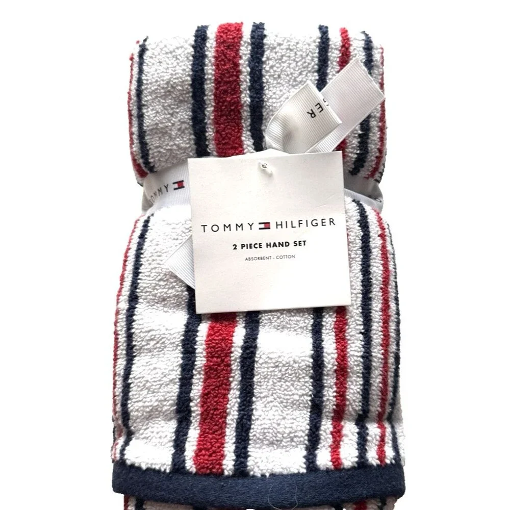 Tommy Hilfiger Hand Towels Set of 2 Bathroom Red White Blue Striped 4th of July